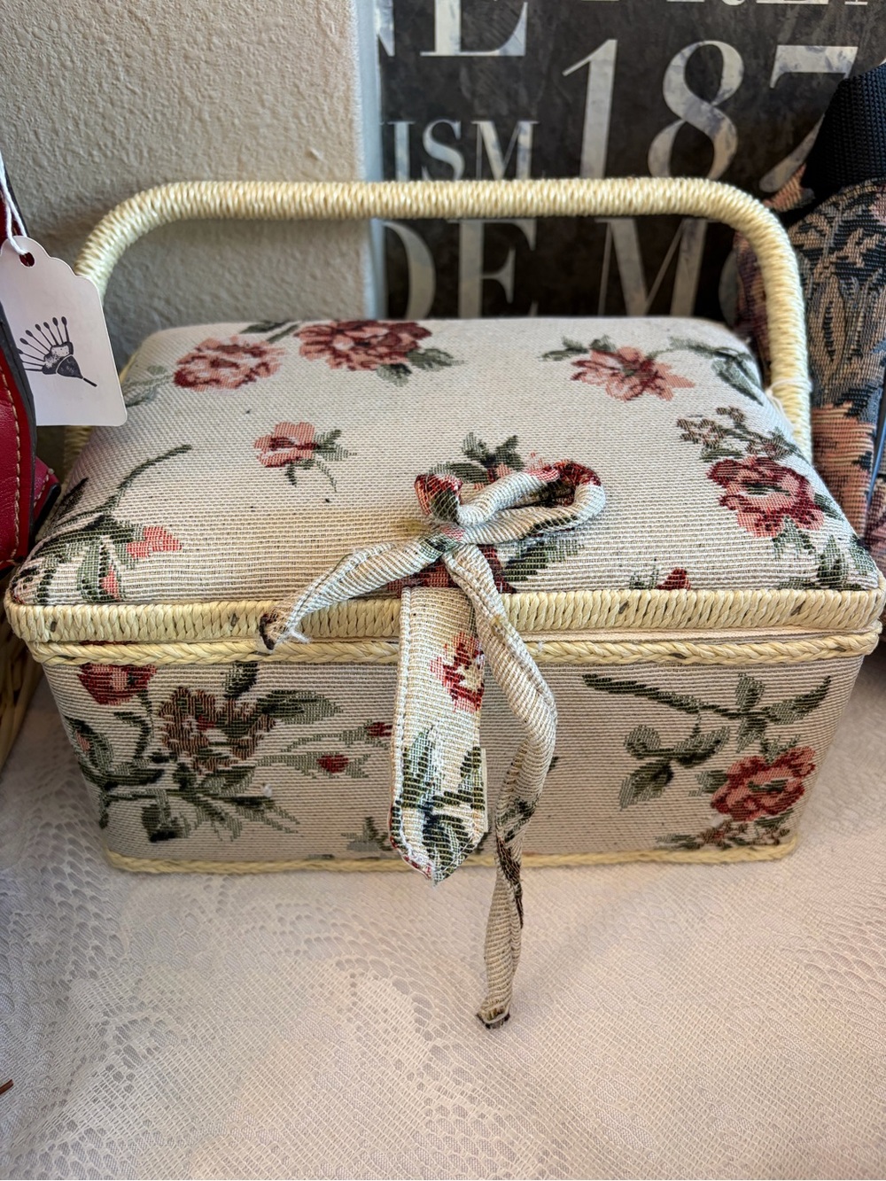 Floral Embroidered Sewing Basket - Cream with Rose Accents